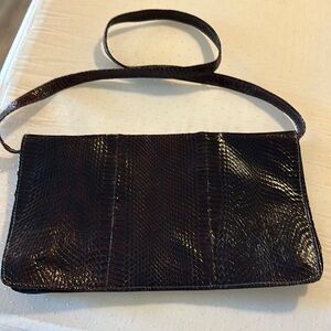 Vintage faux snake skin dark brown and shiny compress body/ clutch